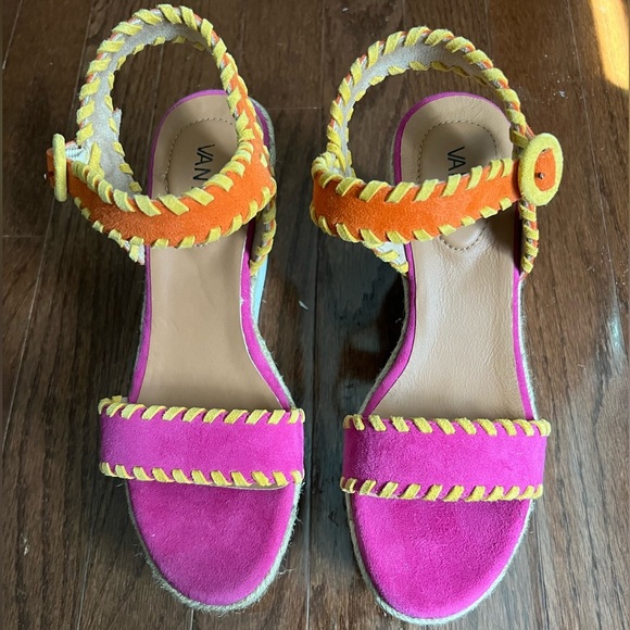 Womens Vaneli Cobi Pink Orange Yellow Suede Strappy Platform Wedge Heels 9N - Picture 1 of 4